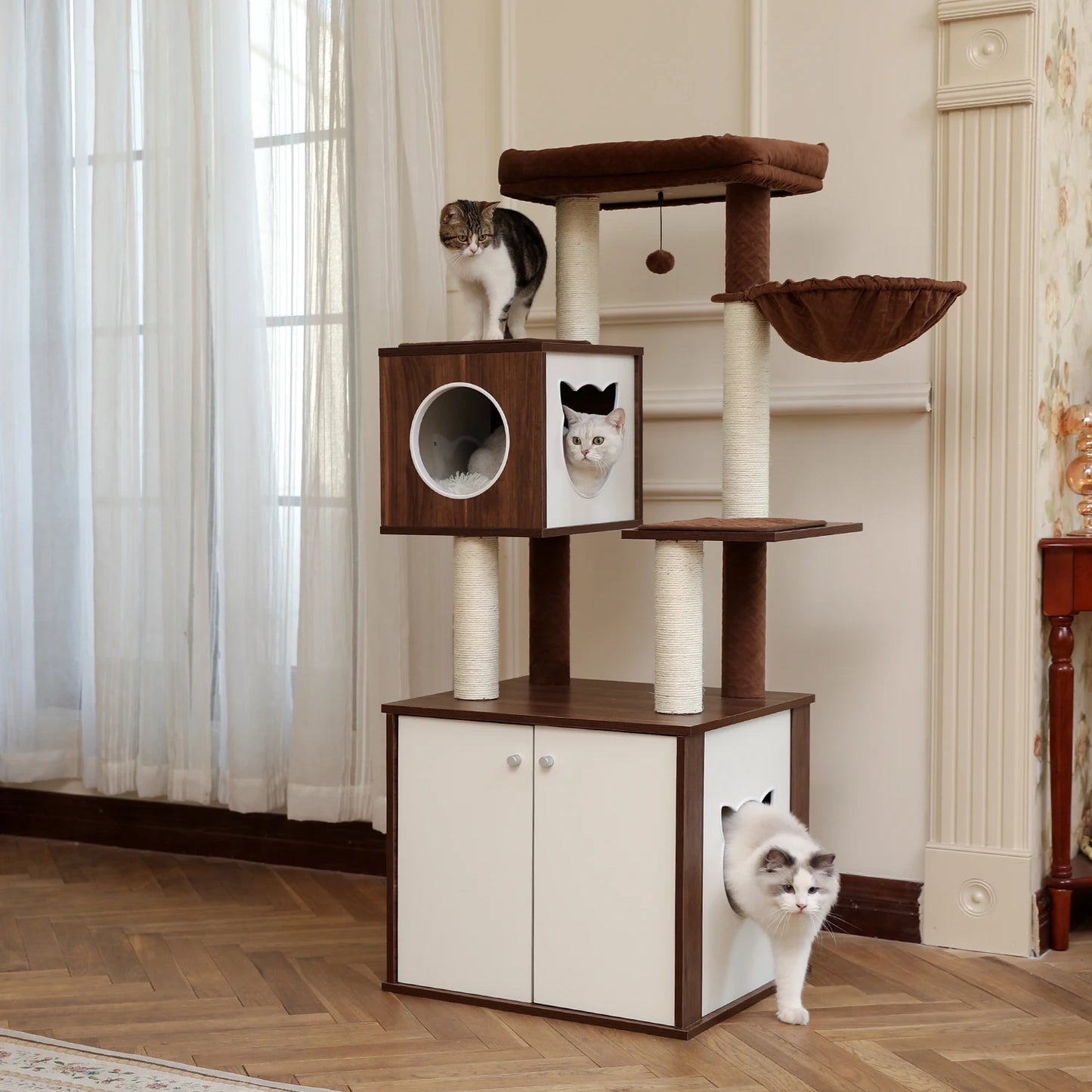 Multifunctional Cat Tower High-Grade Wood with Litter Box Condo - Pet House Palace