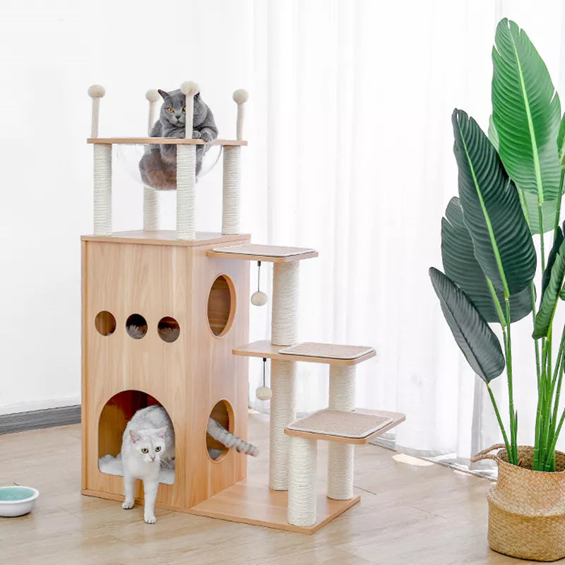 Wooden Modern Cat Tower Activity Furniture with Removable and Washable Mats - Pet House Palace