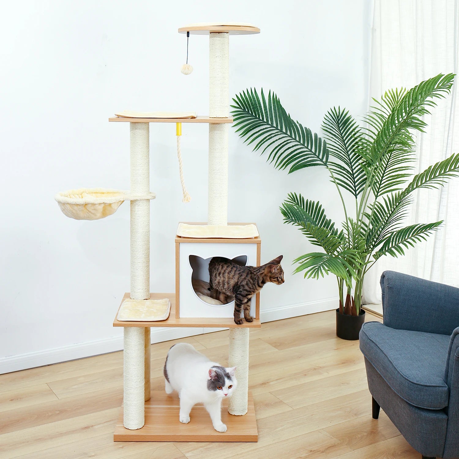 Wooden Modern Cat Tower Activity Furniture with Removable and Washable Mats - Pet House Palace