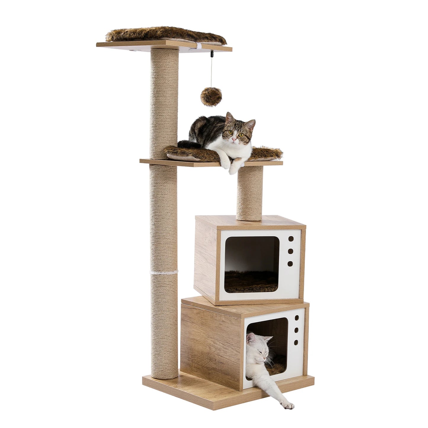 Wooden Modern Cat Tower Activity Furniture with Removable and Washable Mats - Pet House Palace