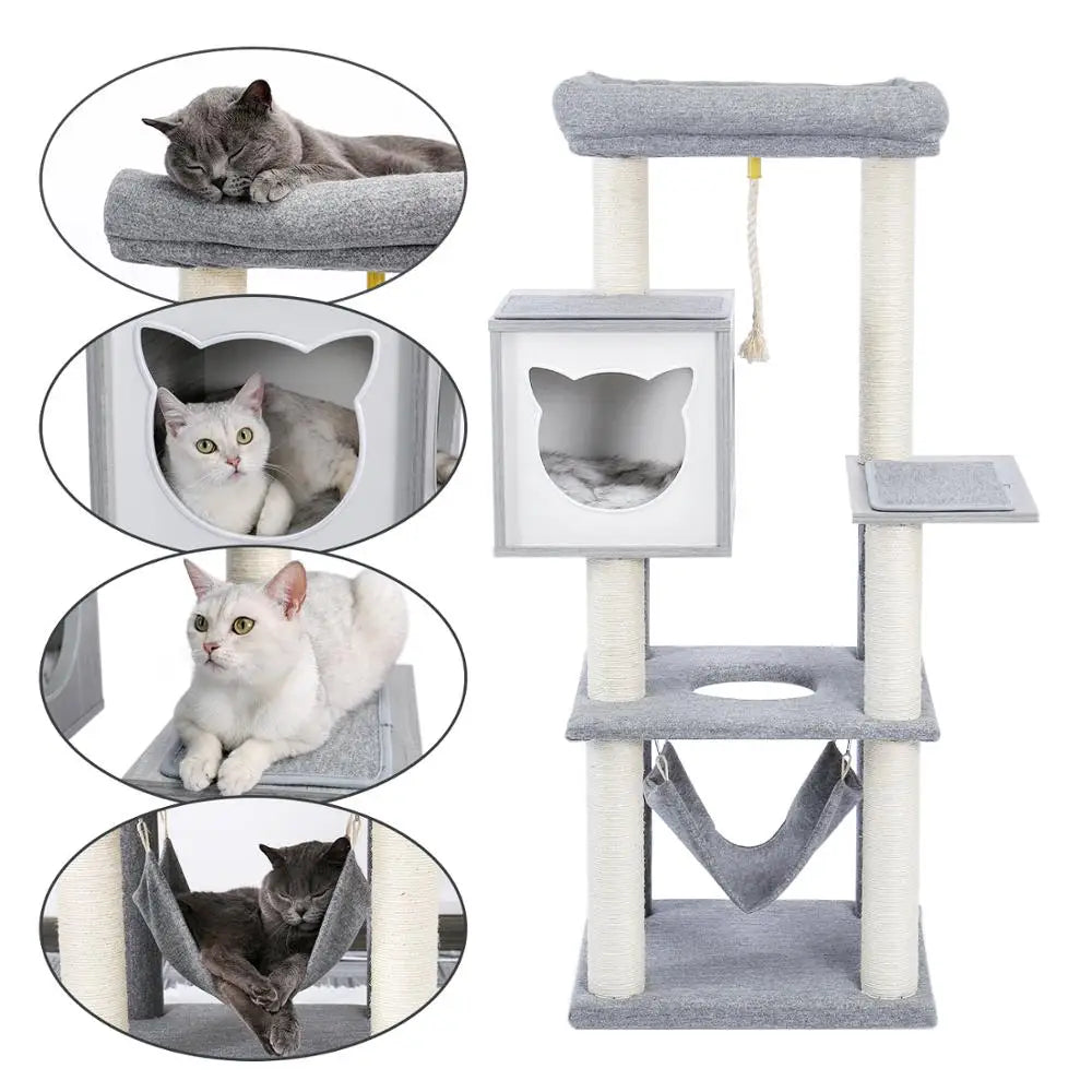 Wooden Modern Cat Tower Activity Furniture with Removable and Washable Mats - Pet House Palace