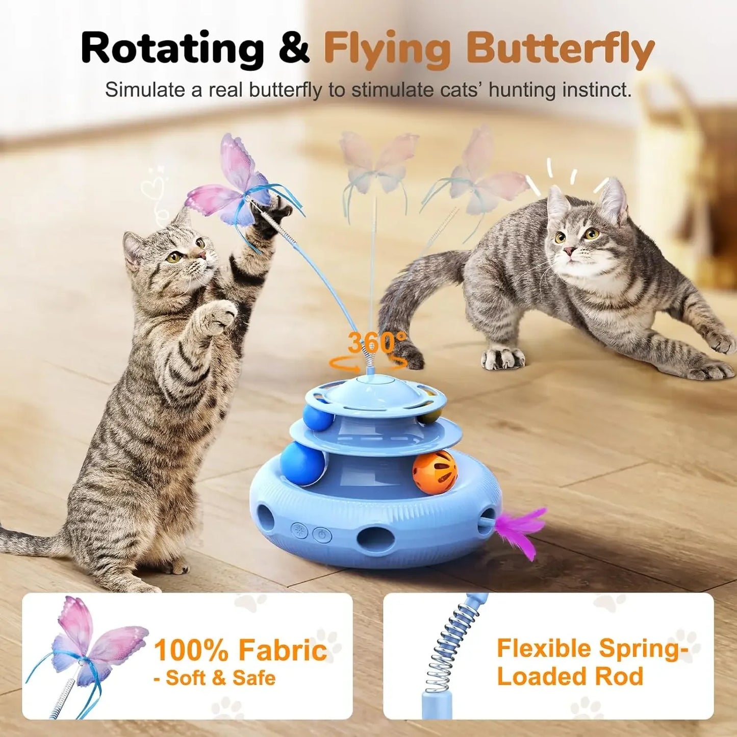 Cat Toys,4-in-1 Rechargeable Automatic Interactive Cat Toy Fluttering Butterfly,Random Moving Ambush Feather,Two-Tier Track Ball - Pet House Palace