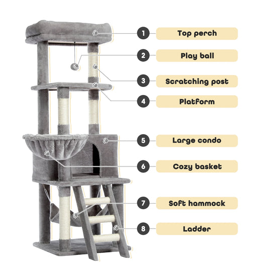 Cat Tree Towel Scratching Sisal Post Multi-Level Pet Climbing Tree with Hammock Bed Cat Ladder Extra Large Perch with Toy Ball - Pet House Palace