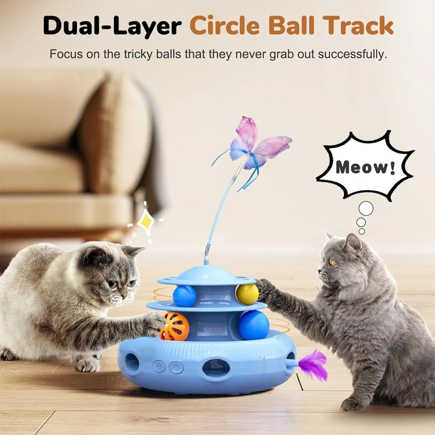 Cat Toys,4-in-1 Rechargeable Automatic Interactive Cat Toy Fluttering Butterfly,Random Moving Ambush Feather,Two-Tier Track Ball - Pet House Palace