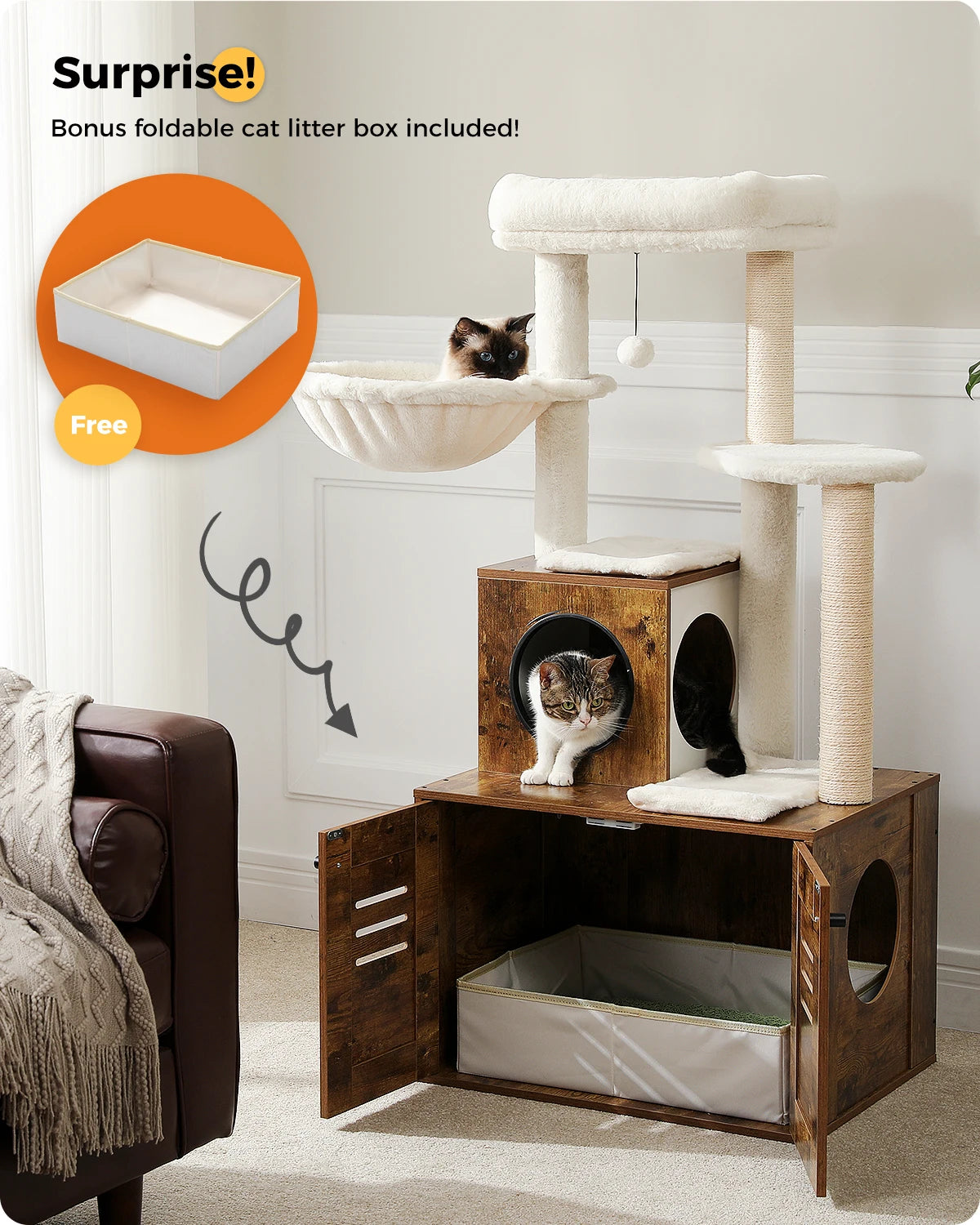 Multi-Level Cat Tower with Foldable Cat Litter Box Wood Cat Tree with Condo Scratching Post Kitten Bed Cat Accessories Cat Toys - Pet House Palace