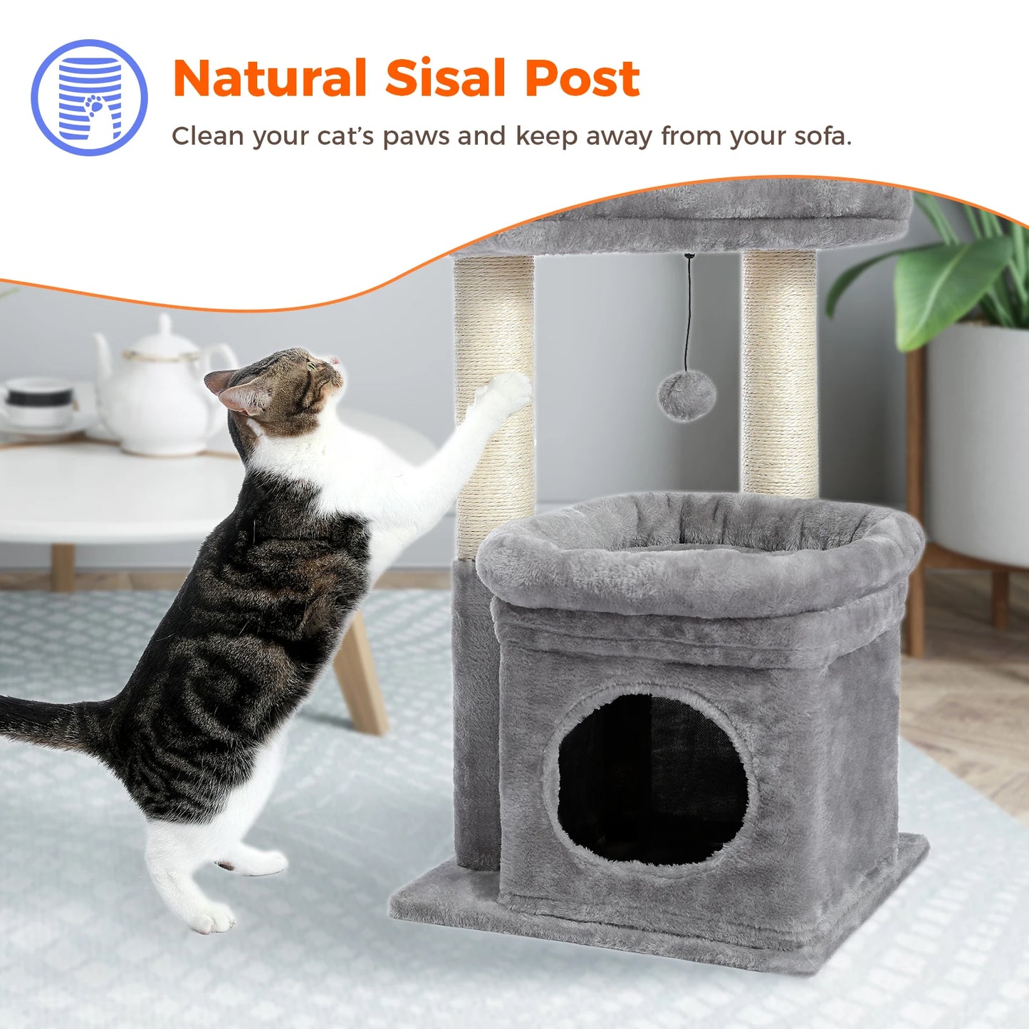 Cat Tree for Indoor Cats with Private Condo  Scratching Posts and Plush Pom-pom - Pet House Palace