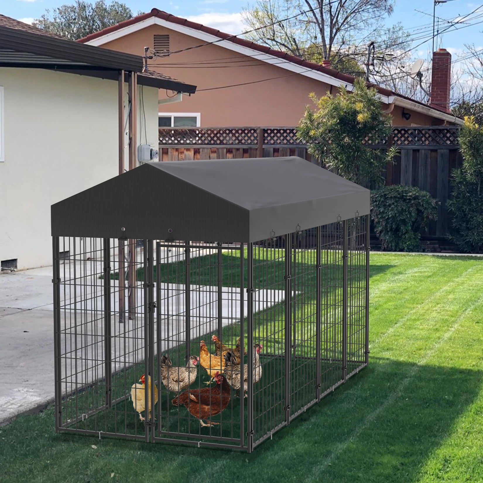 Large Dog Kennel Outdoor with Stakes Water Proof Cover Canopy - Pet House Palace