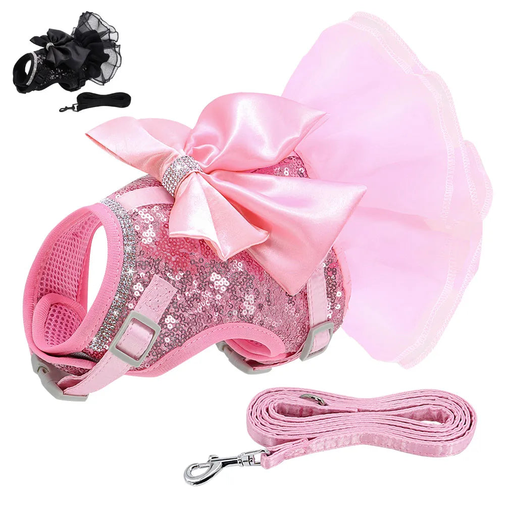 Bowknot Cat Dog Harness Leash Set Lace Crystal Dress For Cats Small Dogs - Pet House Palace