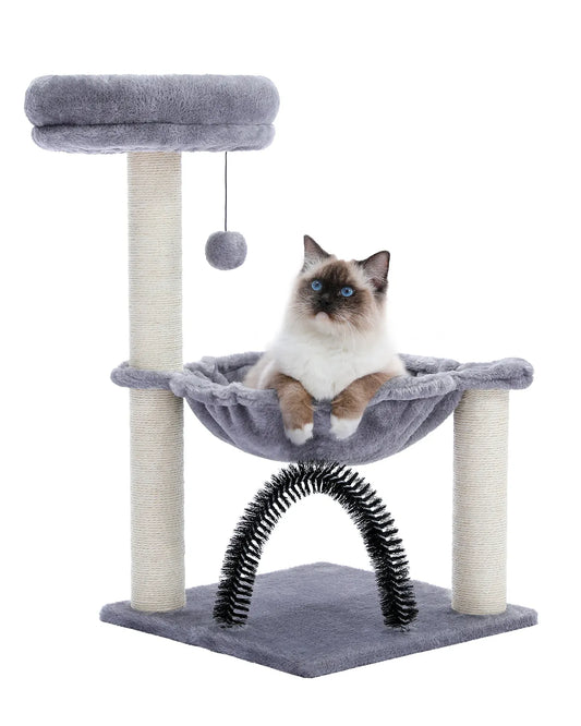 Small Cat Tree for Kitten with Super Large Plush Hammock Scratching Post Cat Brush - Pet House Palace