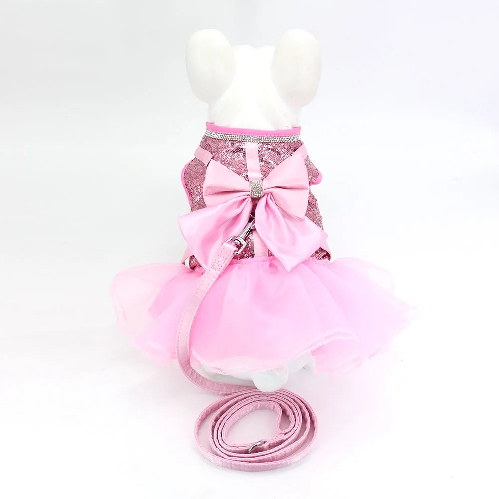 Bowknot Cat Dog Harness Leash Set Lace Crystal Dress For Cats Small Dogs - Pet House Palace