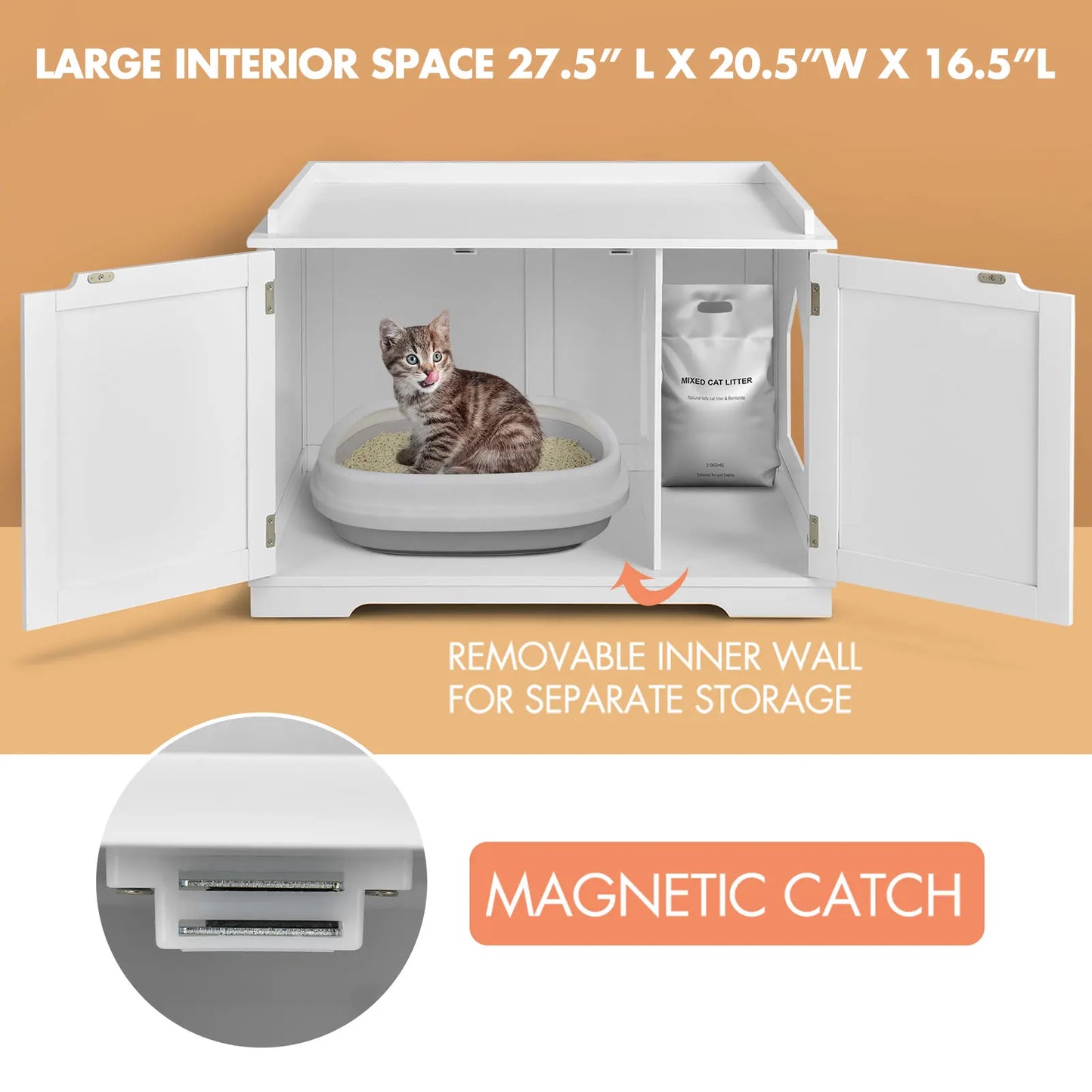 Cat Litter Box Wooden Enclosure Pet House Washroom Storage Bench White - Pet House Palace