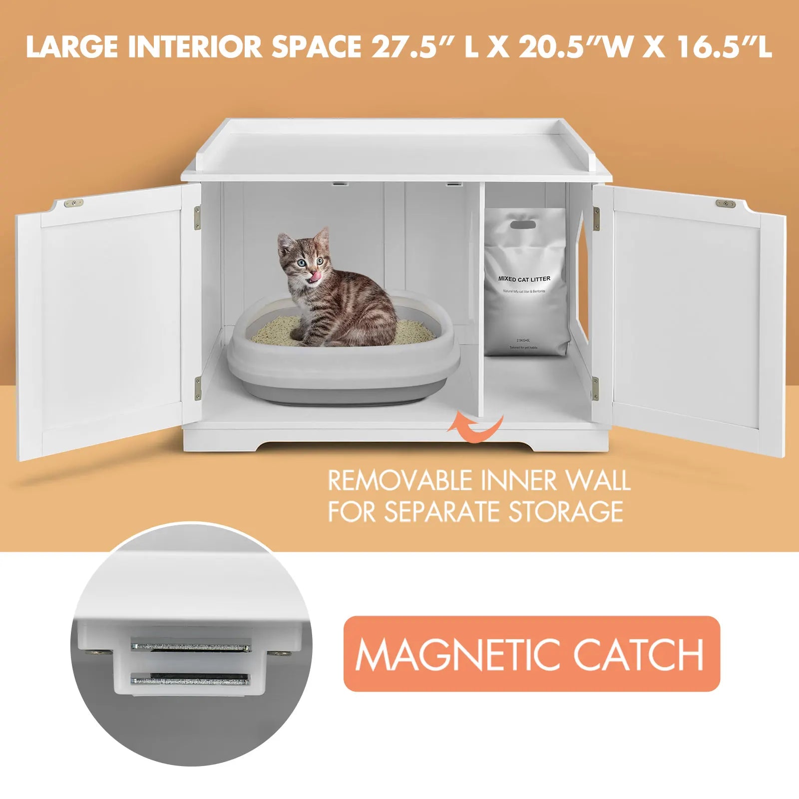 Cat Litter Box Wooden Enclosure Pet House Washroom Storage Bench White - Pet House Palace