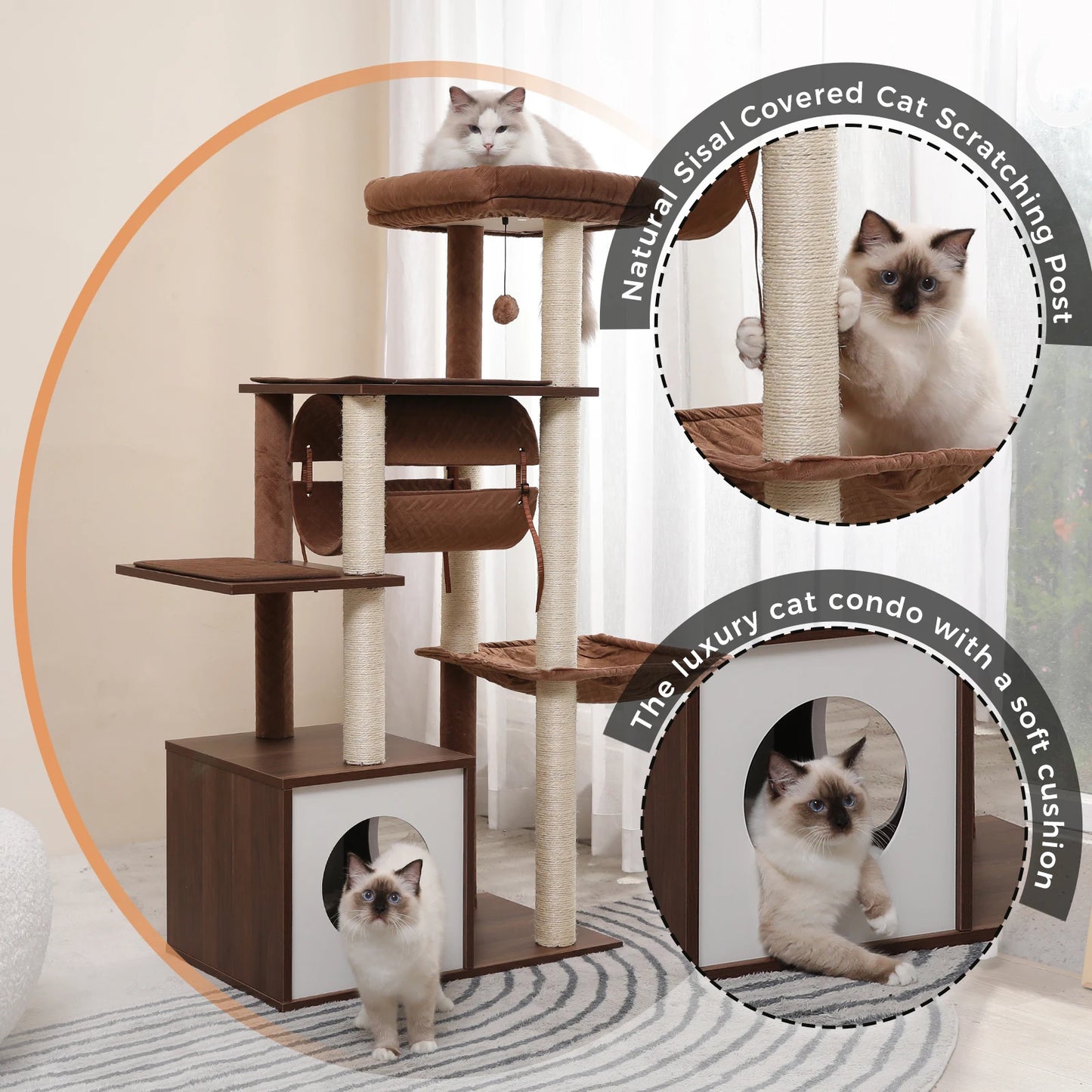 Multifunctional Cat Tower High-Grade Wood with Litter Box Condo - Pet House Palace