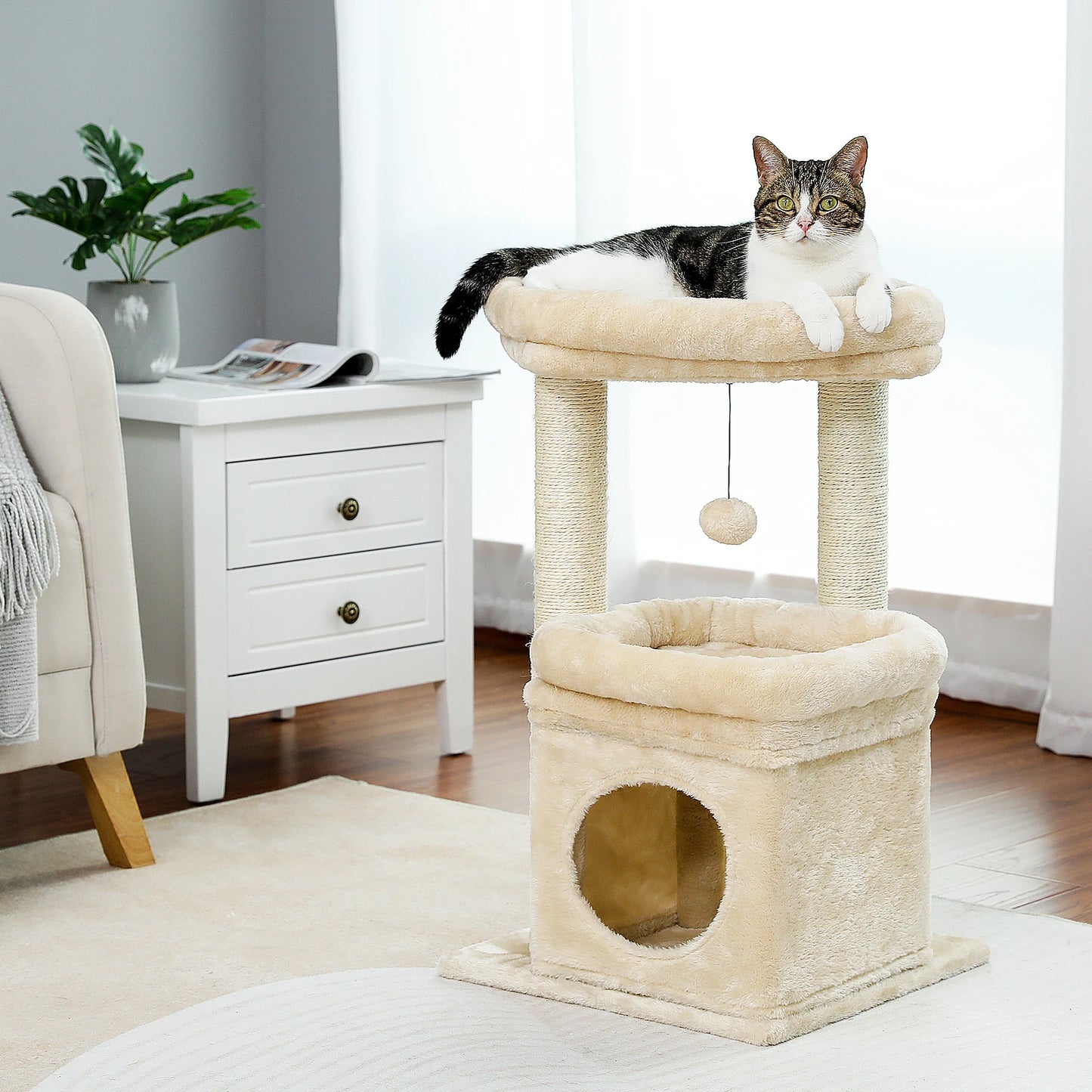 Cat Tree for Indoor Cats with Private Condo  Scratching Posts and Plush Pom-pom - Pet House Palace