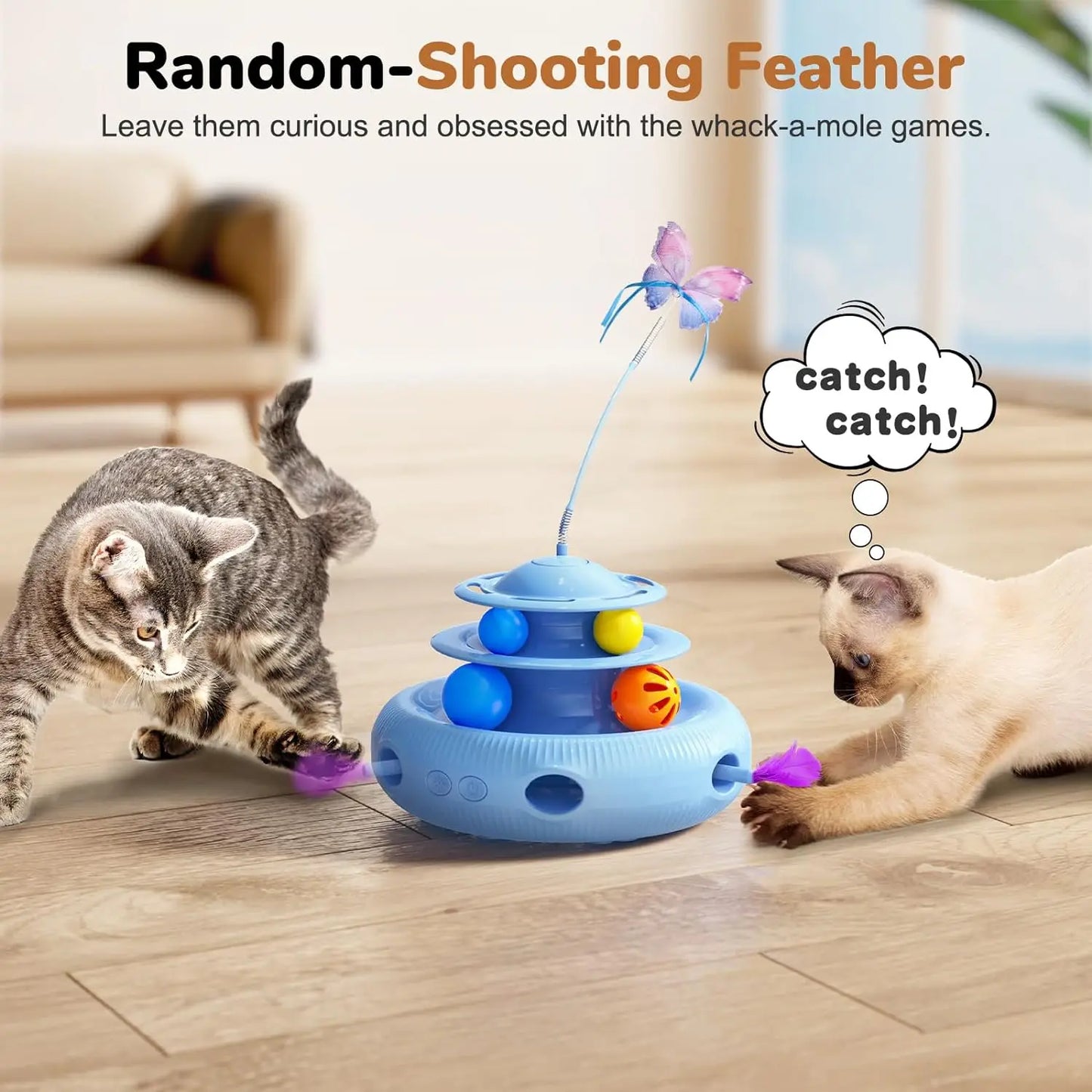 Cat Toys,4-in-1 Rechargeable Automatic Interactive Cat Toy Fluttering Butterfly,Random Moving Ambush Feather,Two-Tier Track Ball - Pet House Palace