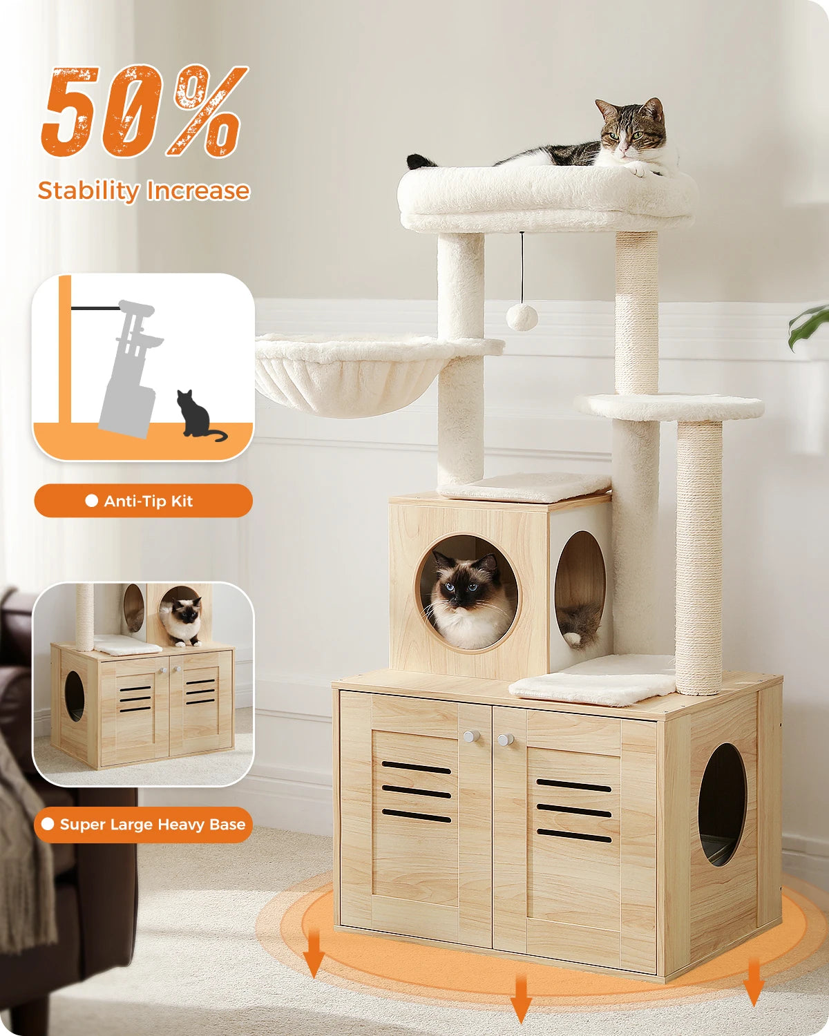 Multi-Level Cat Tower with Foldable Cat Litter Box Wood Cat Tree with Condo Scratching Post Kitten Bed Cat Accessories Cat Toys - Pet House Palace