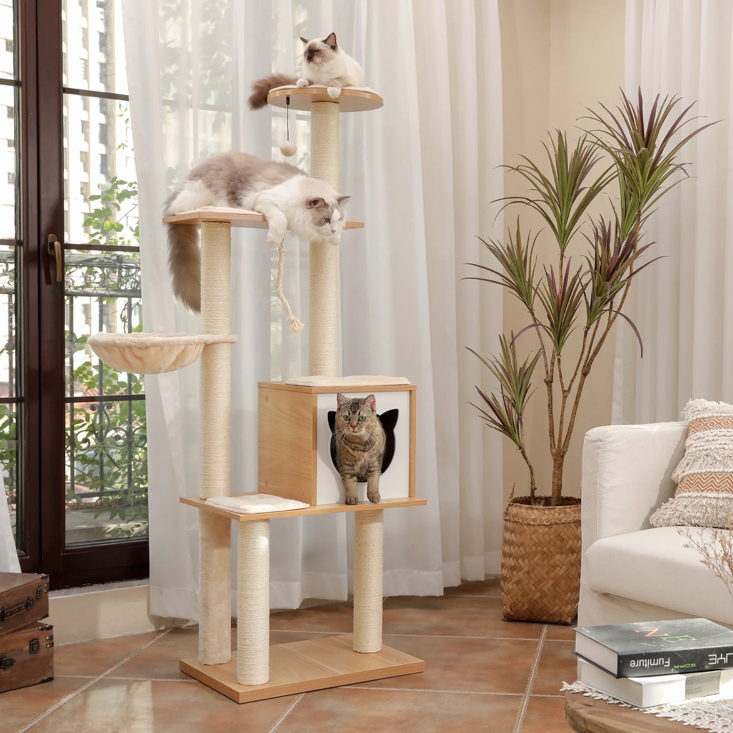 Multifunctional Cat Tower High-Grade Wood with Litter Box Condo - Pet House Palace