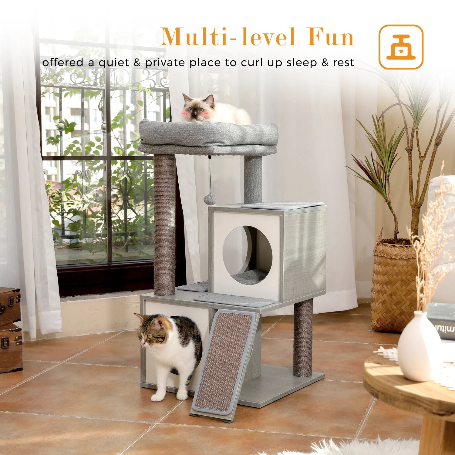 Multifunctional Cat Tower High-Grade Wood with Litter Box Condo - Pet House Palace