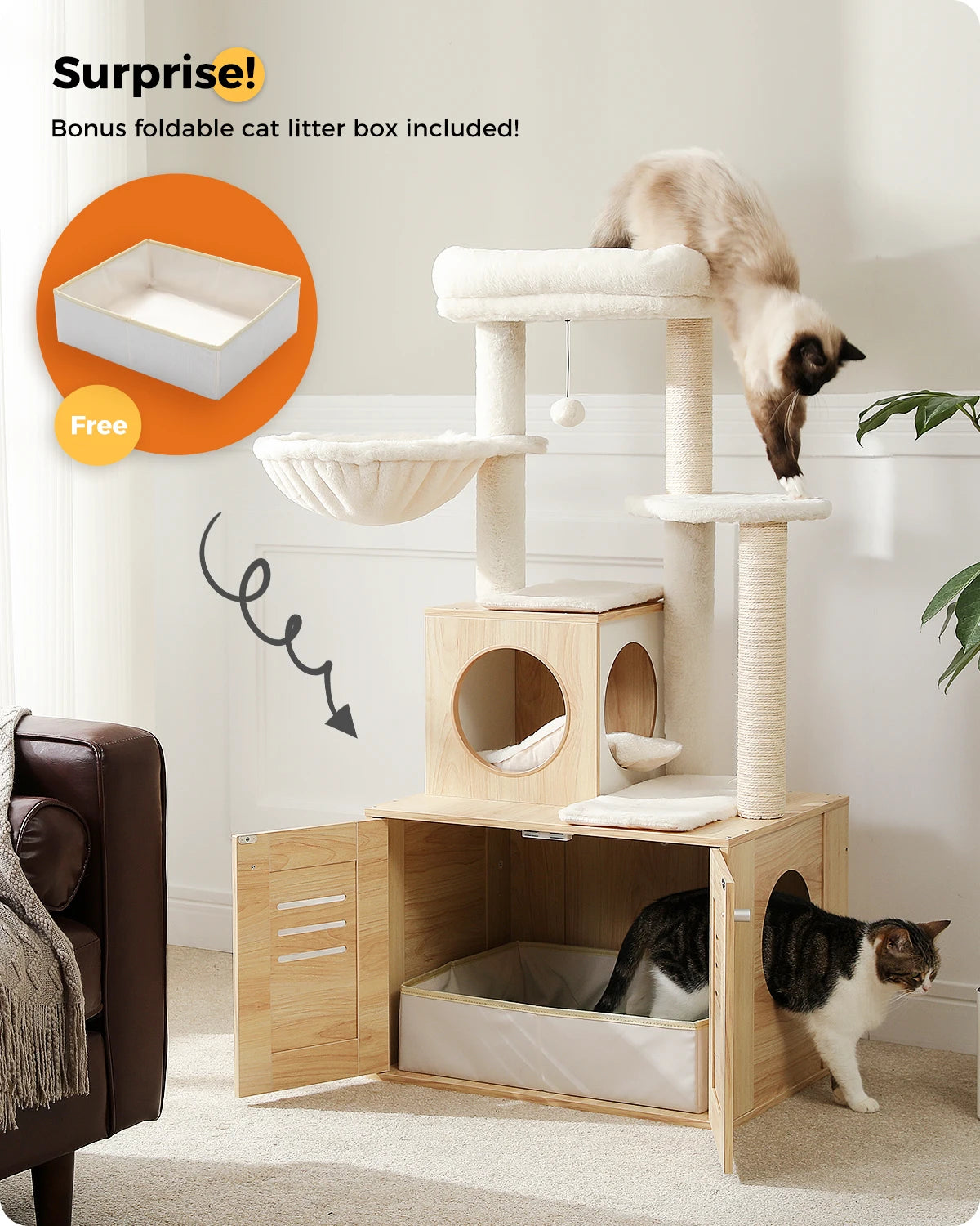 Multi-Level Cat Tower with Foldable Cat Litter Box Wood Cat Tree with Condo Scratching Post Kitten Bed Cat Accessories Cat Toys - Pet House Palace