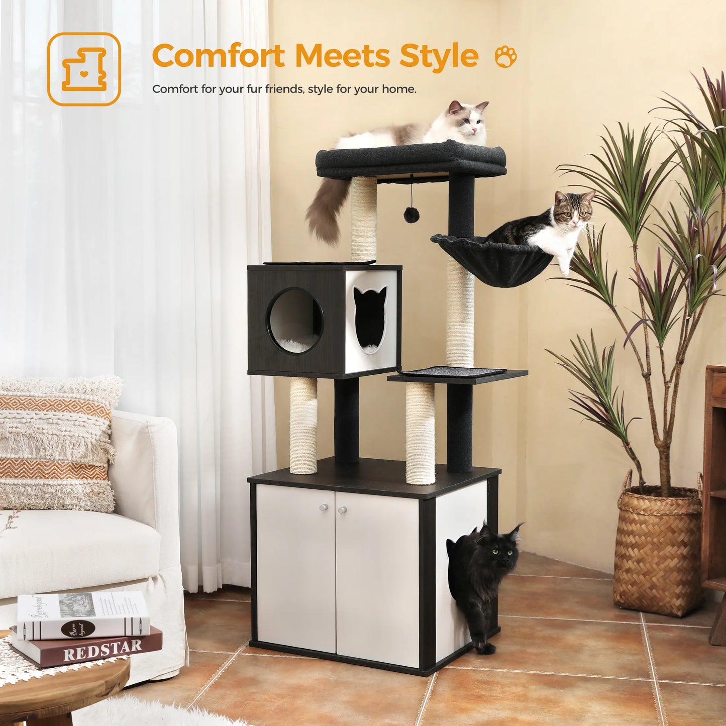 Multifunctional Cat Tower High-Grade Wood with Litter Box Condo - Pet House Palace