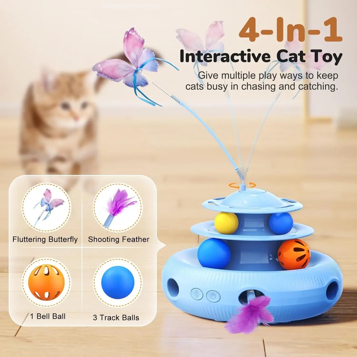 Cat Toys,4-in-1 Rechargeable Automatic Interactive Cat Toy Fluttering Butterfly,Random Moving Ambush Feather,Two-Tier Track Ball - Pet House Palace