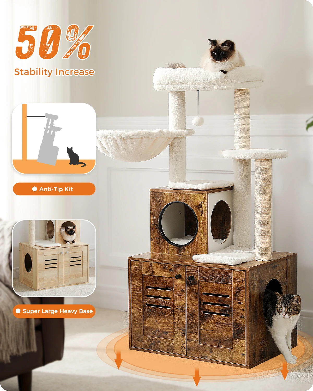 Multi-Level Cat Tower with Foldable Cat Litter Box Wood Cat Tree with Condo Scratching Post Kitten Bed Cat Accessories Cat Toys - Pet House Palace